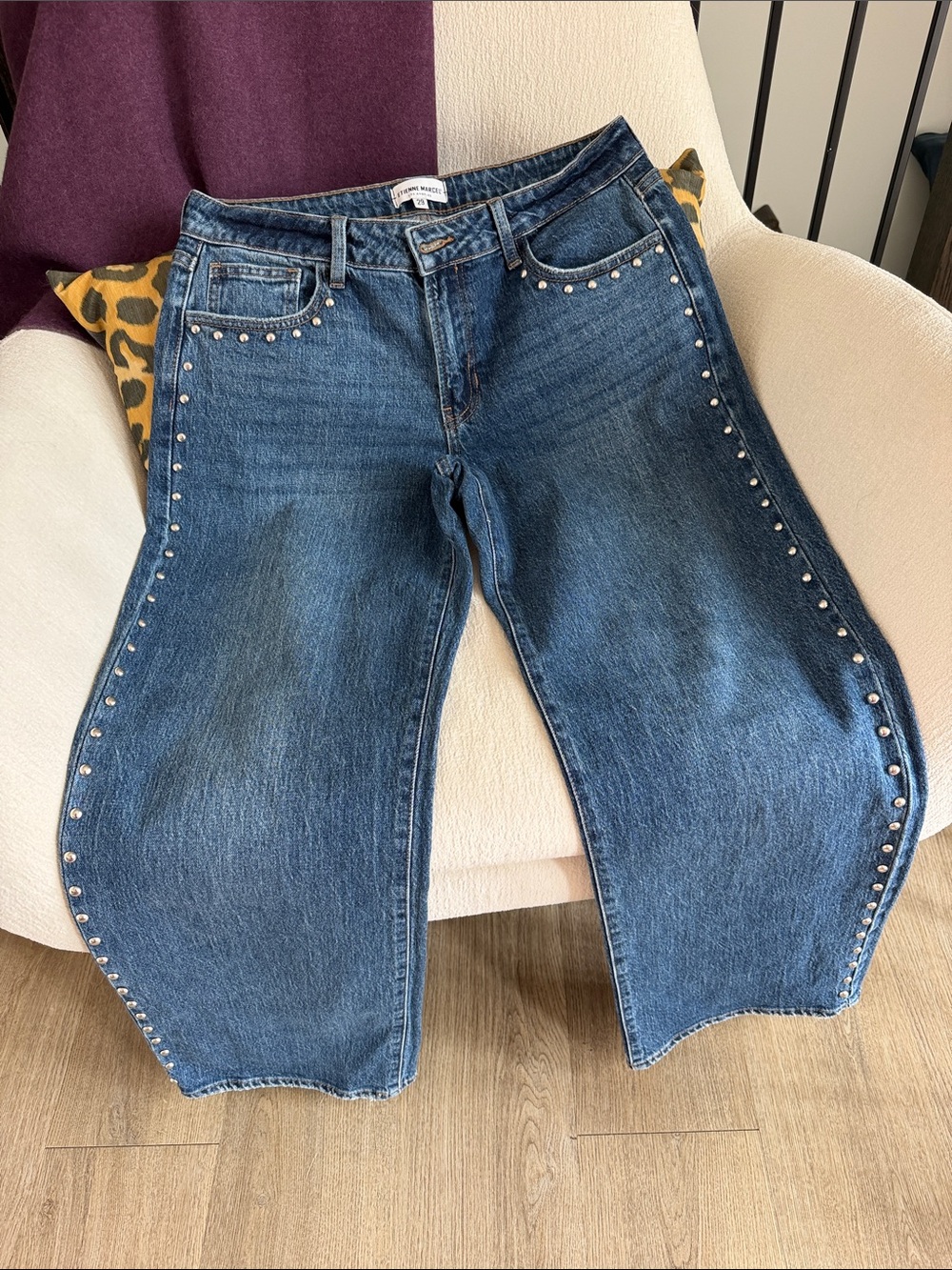 Stud-Embellished Boyfriend Jeans in Blue Denim